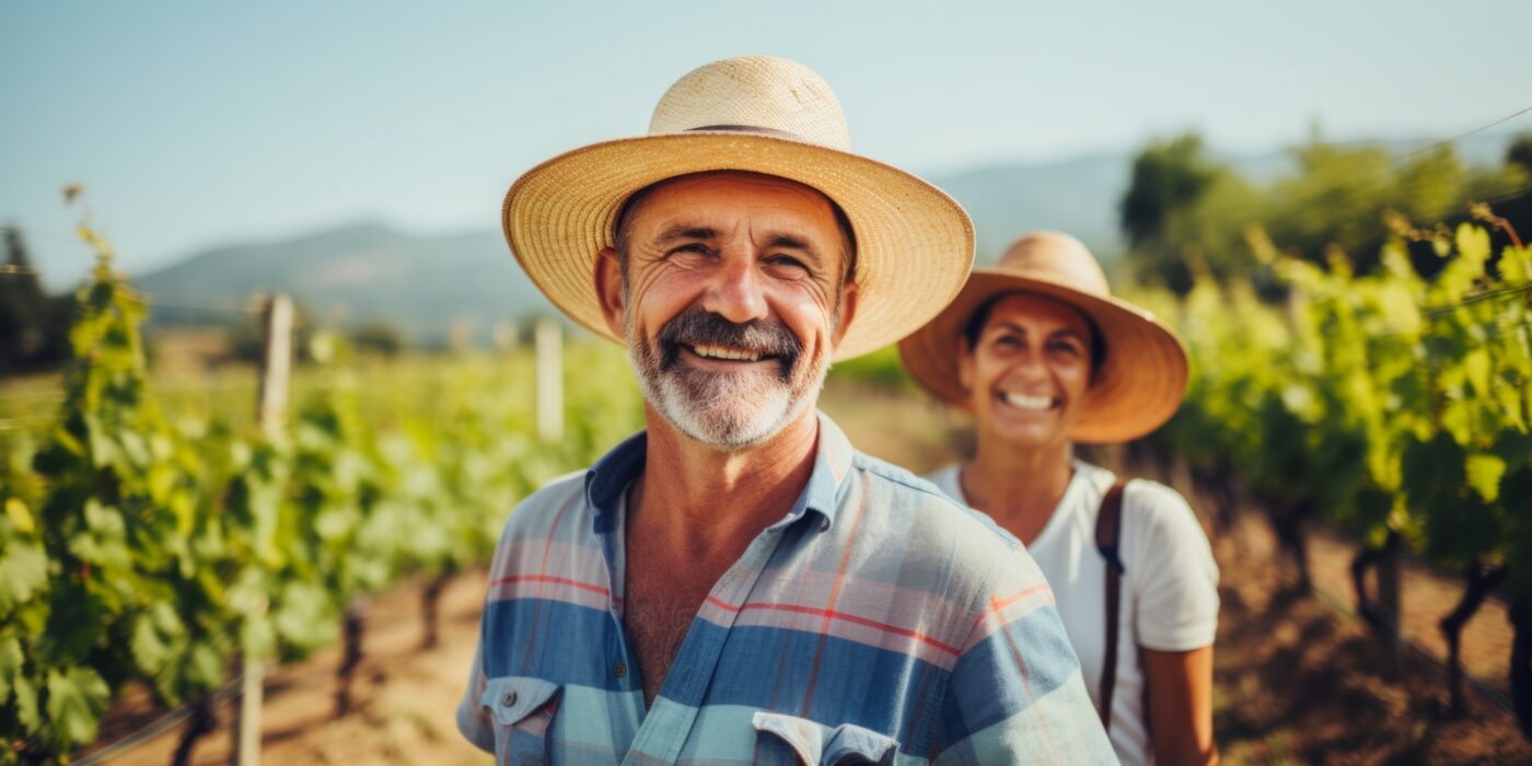 skin cancer awareness: man and woman in wide-brim hats outside in vineyard