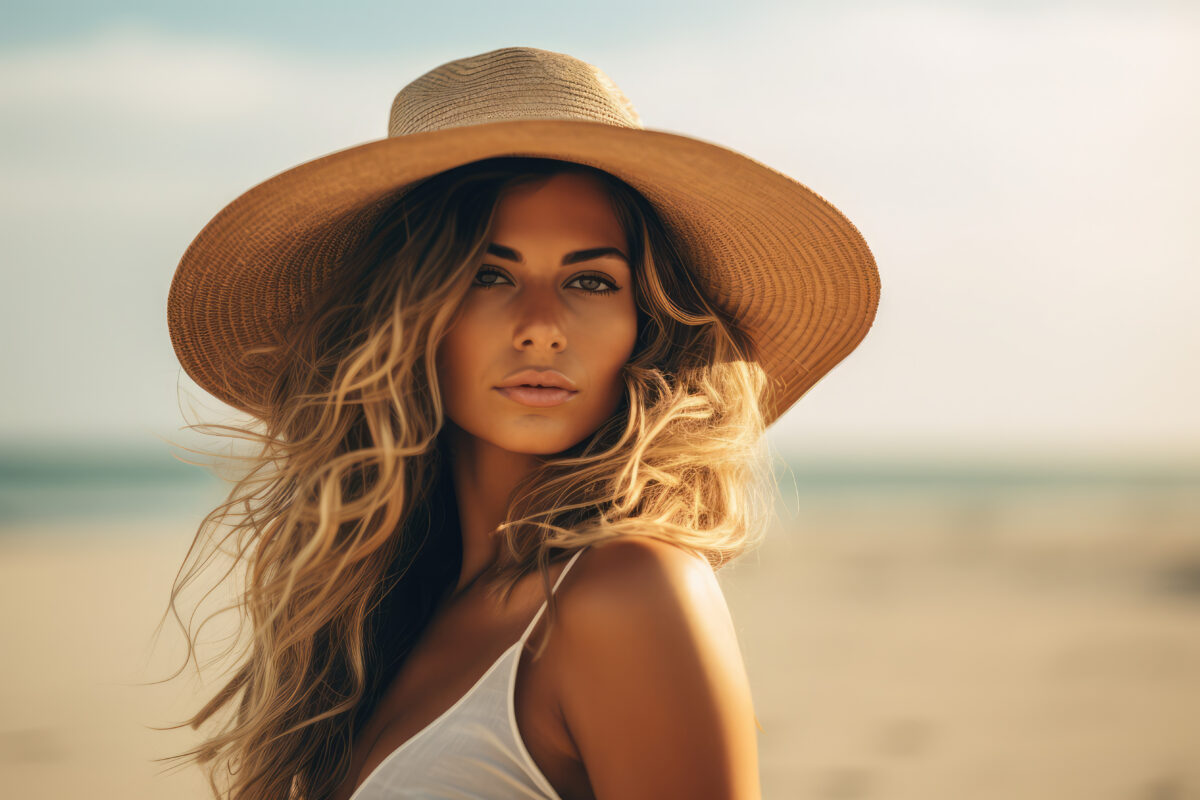 Beautiful woman in a wide-brim hat smiling on beach